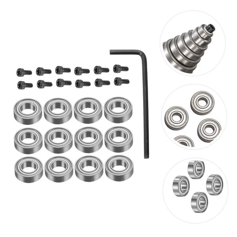 Router Bit Replacement Bearings Kit With Ball Bearings, top-mounted guide screws, and wrench for rabbet bushing setup