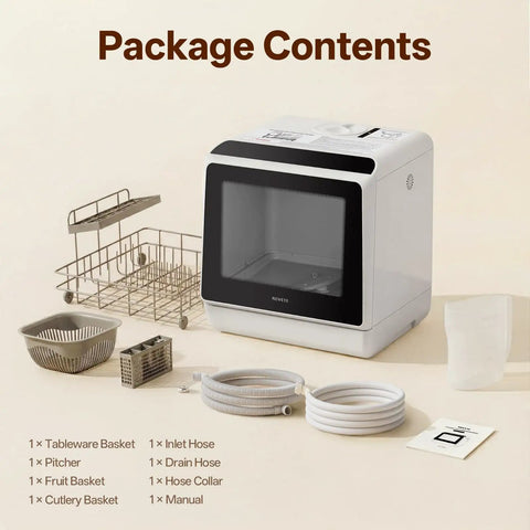 Nifty Portable Countertop Dishwasher For Tight Quarters Handles Four Place Settings On Dual Racks With Swift Cycles showing package contents.
