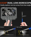 Dual Lens Endoscope Camera With Light For Tight Spaces 1920P HD Borescope For Auto Diagnostics Industrial Machinery HVAC And Plumbing Inspections Pro Grade For Field Ready Tough Use handheld unit with front and side camera views