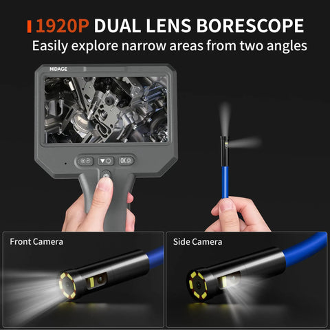 Dual Lens Endoscope Camera With Light For Tight Spaces 1920P HD Borescope For Auto Diagnostics Industrial Machinery HVAC And Plumbing Inspections Pro Grade For Field Ready Tough Use handheld unit with front and side camera views