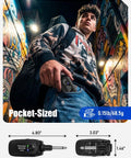 Musician holding 5.8GHz Wireless Guitar System for electric guitars and bass, displaying compact size and portability.