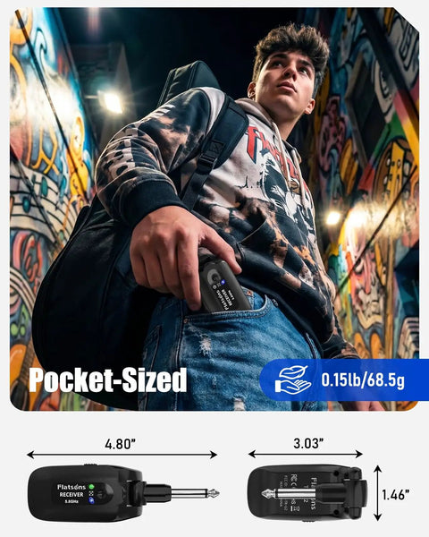 Musician holding 5.8GHz Wireless Guitar System for electric guitars and bass, displaying compact size and portability.