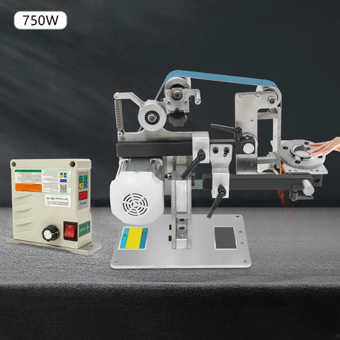 Real Deal 750W Belt Sander Polisher With Brushless Motor, 915X50mm Sanding Strip on a workstation, showing controls and sanding area.