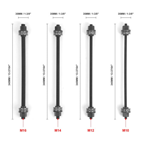 Four spindles M10 to M16 from 24 Piece Press And Pull Sleeve Kit For Wheel Bearings, Bushings And Seals, Universal Tool Set