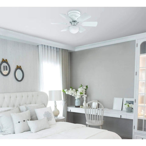 Petite indoor ceiling fan with light 30 inch white in small bedroom with reversible white and whitewashed pine blades