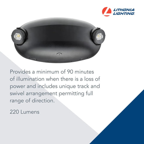 Lit LED Emergency Light With Manual Testing, 220 Lumens, Black, built for big indoor commercial spaces, front view