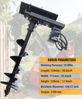 Heavy-Duty Auger Attachment For Mini Skid Steer Loader With hydraulic post hole digger showing specs in backyard