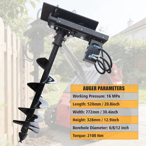 Heavy-Duty Auger Attachment For Mini Skid Steer Loader With hydraulic post hole digger showing specs in backyard