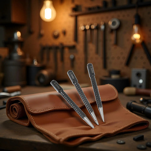 Three Piece High Carbon Steel Center Punch Set For Metal Wood And Alloy Steel 10cm Long Includes One Quarter Inch Three Eighth Inch And One Half Inch Tips placed on leather pouch in workshop.