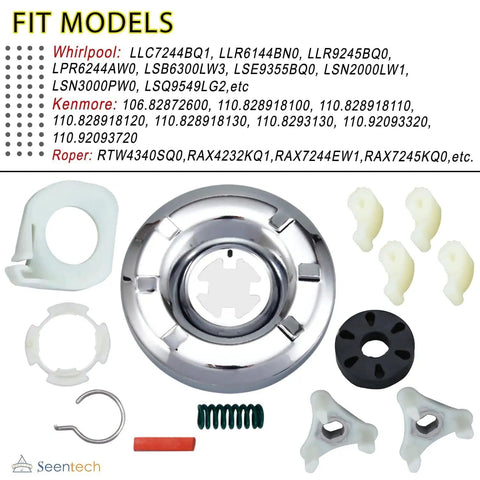 Beefed Up Heavy Duty Motor Coupling Kit 285753A Plus Washer Clutch Kit 285785 And 80040 Agitator Dog with listed compatible washer models.