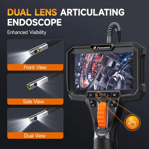 Slim 0.25 Inch Dual Lens Articulating Borescope with 220 Degree Endoscope Camera displaying engine inspection