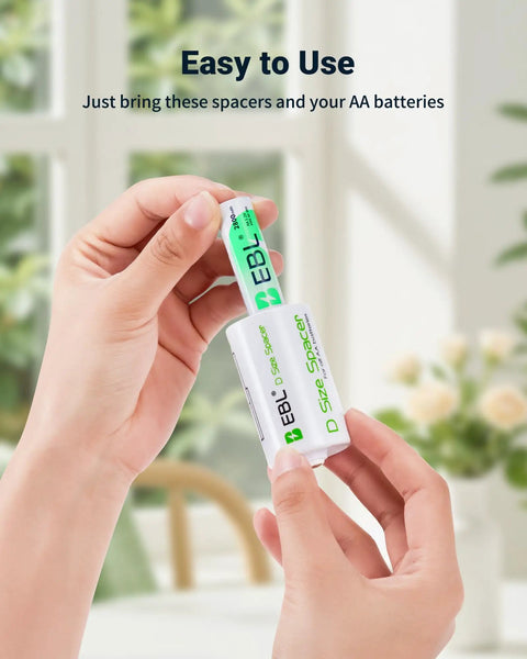 Hand inserting AA battery into AA To D Size Battery Adapter Spacers 4 Pack For Rechargeable AA Batteries D Size Converter Case Durable