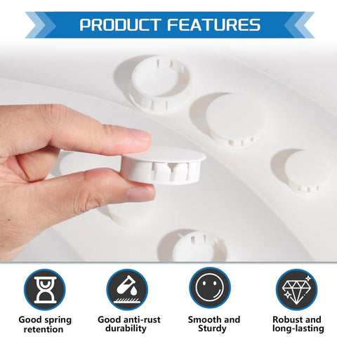 Close-up of hand holding white nylon hole plug from White Nylon Hole Plugs Kit With 13 Sizes From Quarter Inch To One And A Half Inch For Furniture Cabinets And End Caps Snap On Fit Easy Installation Wear Resistant Assorted Value Pack