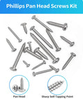 Stainless Steel Wood Screws Assortment Kit With 600 Piece Set Featuring 18 Sizes From Three Eighths Inch To Two Inches Phillips Pan Head Self Tapping Screws For Woodworking And Home DIY Projects Silver Finish, pan head and tip close-up