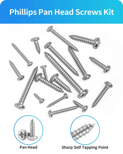 Stainless Steel Wood Screws Assortment Kit With 600 Piece Set Featuring 18 Sizes From Three Eighths Inch To Two Inches Phillips Pan Head Self Tapping Screws For Woodworking And Home DIY Projects Silver Finish, pan head and tip close-up
