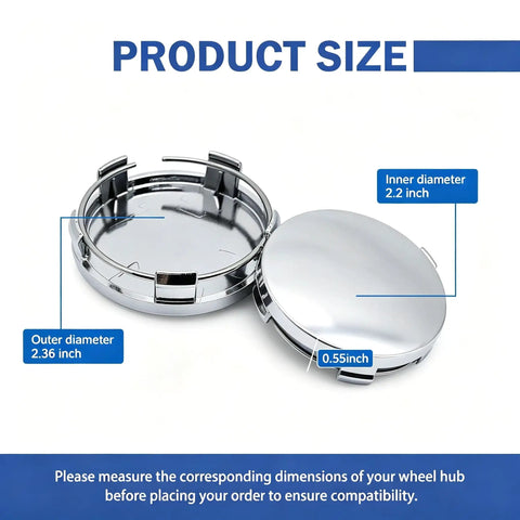 Crank Up Your Ride With These Sweet 4 Pack Silver Wheel Center Caps That Snap Right On Cars Trucks Or Suv With A Rock Solid Grip 60Mm Size And Built Different Materials To Keep Your Setup Looking Clean All Season Long, showing product sizes.