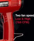 Close-up of EC200 Variable Temperature Heat Gun handle showing fan speed settings for low and high, 120V 1200W hot air tool.