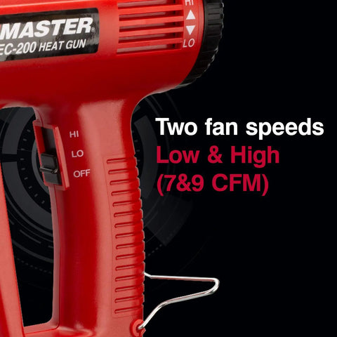 Close-up of EC200 Variable Temperature Heat Gun handle showing fan speed settings for low and high, 120V 1200W hot air tool.