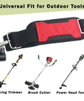 Shoulder Strap For M18 Quik Lok Trimmer And Power Head That Shifts Weight With Cushioned Comfort next to three tool images