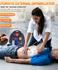 AED automatic external defibrillator in portable case with chest pads during CPR.