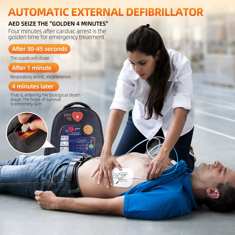 AED automatic external defibrillator in portable case with chest pads during CPR.