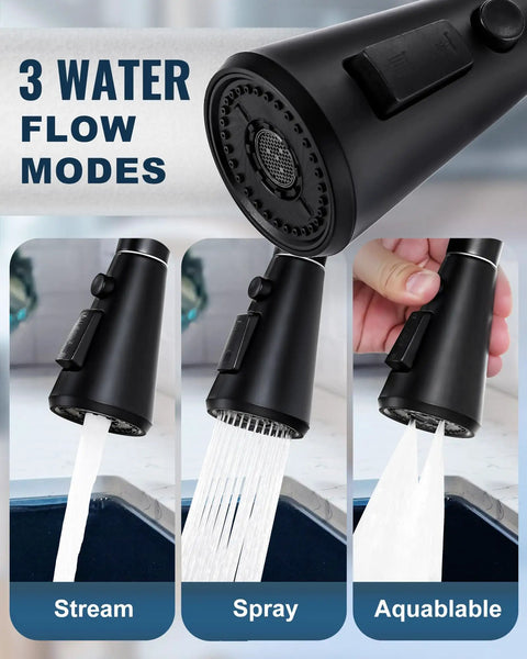 Heavy Duty Pull Down Kitchen Faucet Head Replacement Delivering Crisp Stream And Powerful Spray Nozzle with three water flow modes.