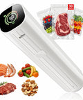 Boss Level Handheld Vacuum Sealer for Food with 60-80 kPa Suction, LED Display, and 30 Reusable Bags next to assorted foods.