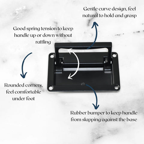 Black powder-coated trap door pull handle, gentle curve design, zinc alloy, for tool boxes, cabinets, smooth edges, 1 pack.