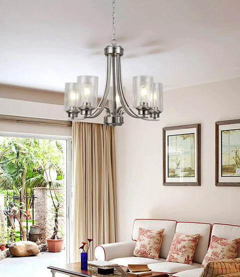 5 Light Brushed Nickel Chandelier With Clear Glass Shades For Dining Room Kitchen Island Foyer Plus More Modern Traditional Pendant
