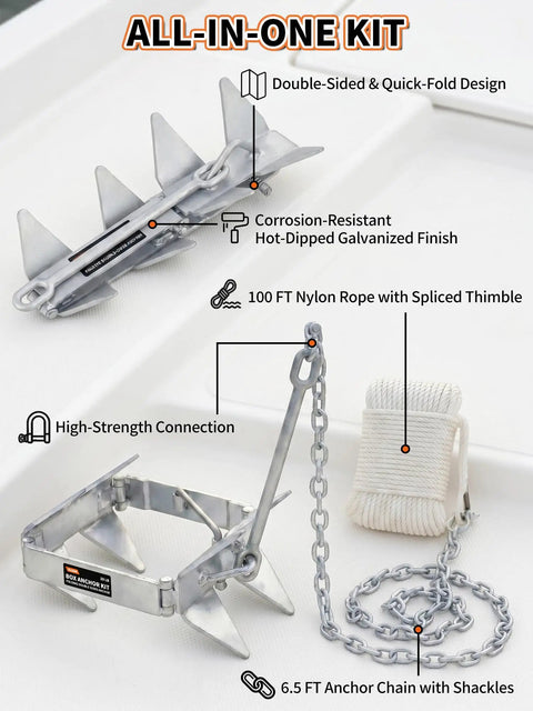 Heavy Duty Box Anchor Kit With 100 Foot Nylon Rope And Anchor Chain For Boats Up To 32 Feet Ideal For Offshore And Sport Boats