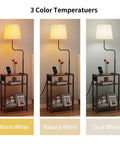Floor Lamp With Integrated Table And Storage Baskets End Table With Three Color Temperature LED Bulbs Nightstand With USB Charging Station And Shelves Side Table For Living Room Bedroom Or Office Brown shown with warm, natural, and cool lighting options.