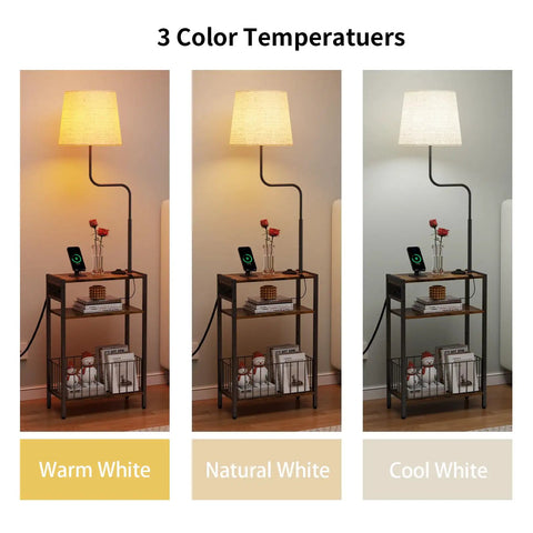 Floor Lamp With Integrated Table And Storage Baskets End Table With Three Color Temperature LED Bulbs Nightstand With USB Charging Station And Shelves Side Table For Living Room Bedroom Or Office Brown shown with warm, natural, and cool lighting options.
