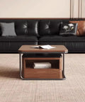Modern Square Nesting Coffee Table Set Of Two Industrial Stacking Side Tables With Storage Drawers Solid Wood Accent Furniture For Living Room displayed with magazine on top.