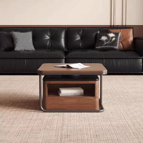 Modern Square Nesting Coffee Table Set Of Two Industrial Stacking Side Tables With Storage Drawers Solid Wood Accent Furniture For Living Room displayed with magazine on top.