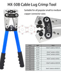 All In One Cable Lug Crimping Tool Kit With 50 100 200 Pcs Copper Wire Lugs For AWG 10 To 1/0, blue handled crimper and chart