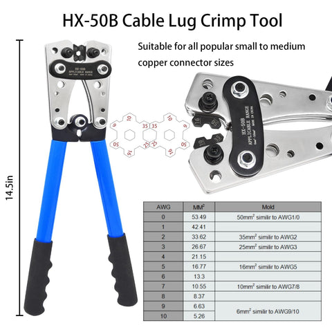 All In One Cable Lug Crimping Tool Kit With 50 100 200 Pcs Copper Wire Lugs For AWG 10 To 1/0, blue handled crimper and chart