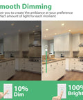 Smooth dimming illustration showing 12 Pack Br30 LED Recessed Light Bulbs Dimmable Can Lights Soft White 2700K in kitchen setting.