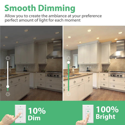 Smooth dimming illustration showing 12 Pack Br30 LED Recessed Light Bulbs Dimmable Can Lights Soft White 2700K in kitchen setting.