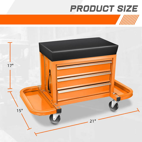 Heavy Duty 3 Drawer Tool Chest With Rolling Mechanic Seat And Built In Tool Trays 350 Lbs Weight Capacity Orange Finish Durable Shop Organizer For Garage And Technicians