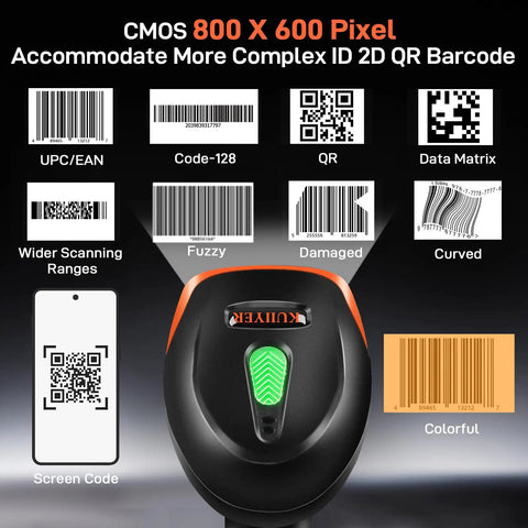 Wireless Bluetooth Barcode Scanner Handheld 2D 1D QR Reader With 800x600 CMOS Sensor displaying various barcode types