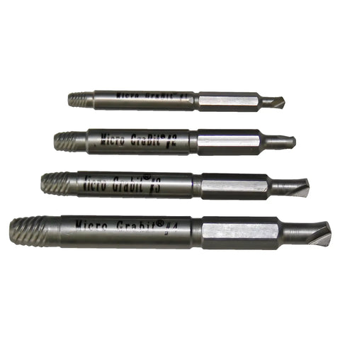 Grabit Micro 4 Piece Bolt And Screw Extractor Kit for tiny stripped fasteners, M2 HSS steel visible, showcasing front view of tools.