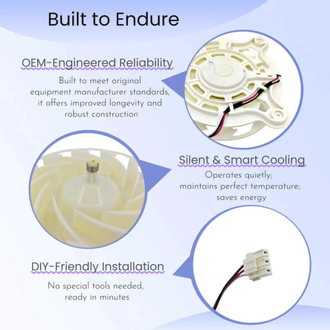 Samsung Refrigerator Evaporator Fan Motor DA31-00342A Direct Replacement benefits and features shown visually.
