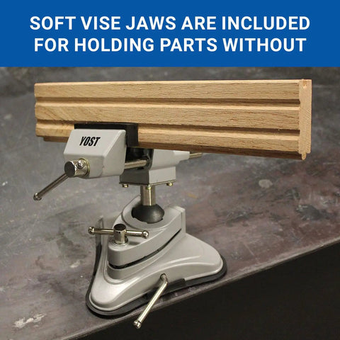 Portable Vacuum Base Vise With 360 Degree Swivel And 90 Degree Pivot Two And Three Quarter Inch Jaw Width on table.