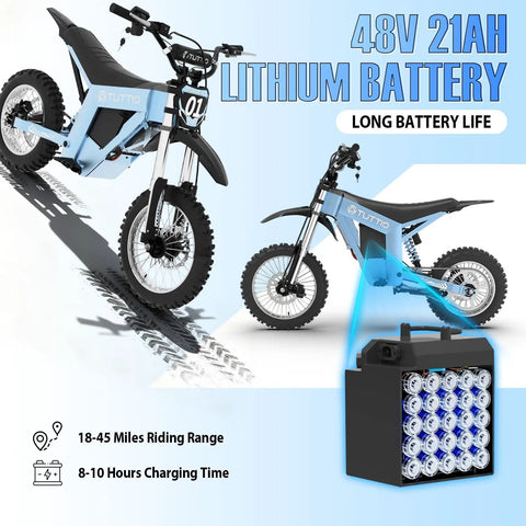 Built To Shred Mini Electric Dirt Bike With Serious 2000W Motor And High Capacity 21Ah Battery side view and 48V battery.
