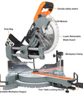 Professional Grade 10 Inch Double Bevel Sliding Compound Miter Saw With A Bulletproof 15 Amp Motor and smooth 5000 RPM cutting action shown with features labeled.