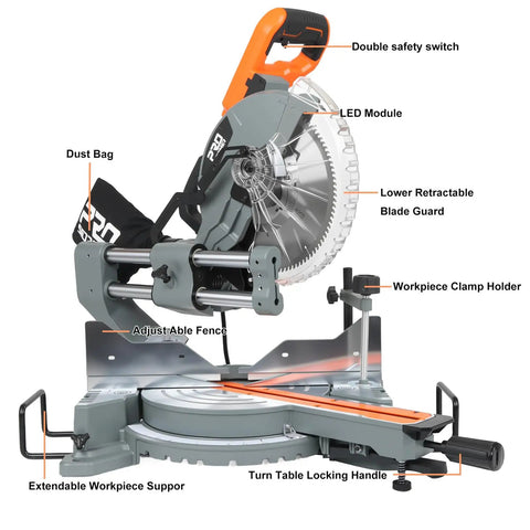 Professional Grade 10 Inch Double Bevel Sliding Compound Miter Saw With A Bulletproof 15 Amp Motor and smooth 5000 RPM cutting action shown with features labeled.
