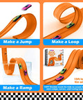 Flexible 15ft Race Track Starter Set with suction cups, showing loops, ramps, and jumps for diecast 1:64 cars, indoor and outdoor use.