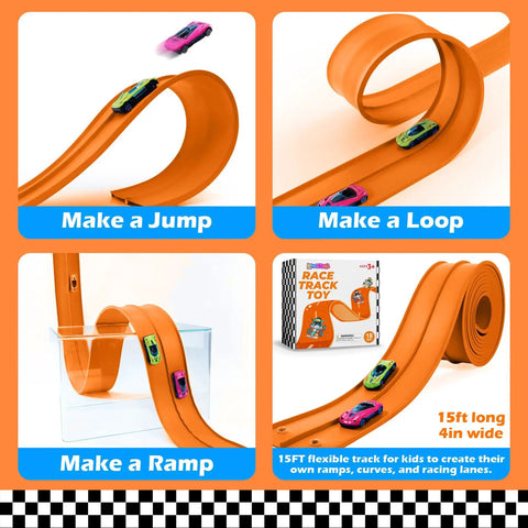 Flexible 15ft Race Track Starter Set with suction cups, showing loops, ramps, and jumps for diecast 1:64 cars, indoor and outdoor use.