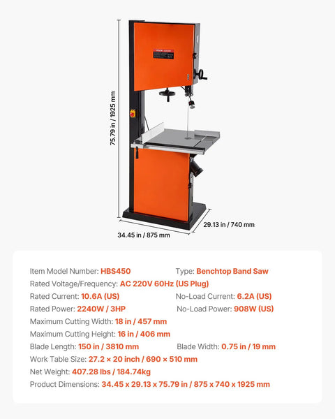 Heavy Duty Woodworking Bandsaw With 3 HP 2240W Motor 18 Inch Cutting Capacity 16 Inch Maximum Height Cast Iron Table