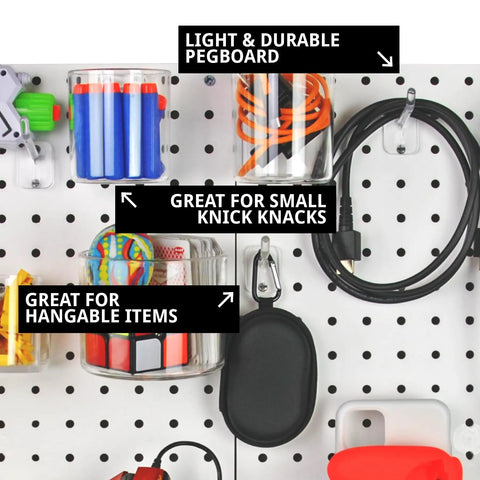 Close-up of Beast Pegboard Organizer Kit with wall mount panels and assorted hooks and bins for storage, 27x22 white durable system.